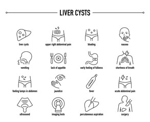 Liver Cysts symptoms, diagnostic and treatment vector icon set. Line editable medical icons.