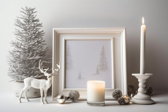 mock up of a frame decorated for Christmas. Christmas composition on a white background with a branch from a fir tree, a deer, a candle, and silver stars. festive winter idea. Template. Generative AI