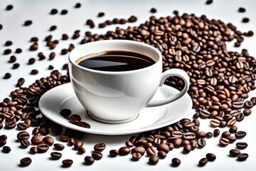 A pristine white cup brimming with aromatic coffee steals the spotlight against a minimalist white backdrop. Ai generated