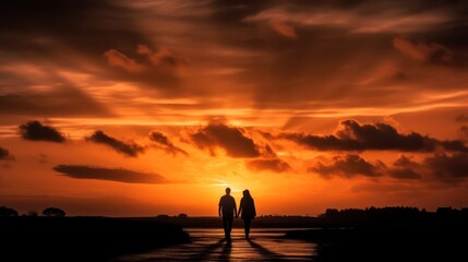 silhouettes couple holding hands at sunset. Generative AI