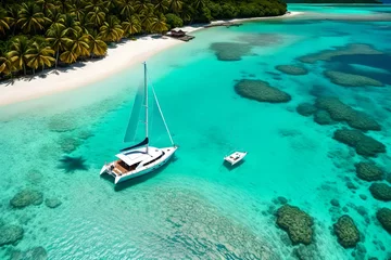 Papier Peint photo Lavable Corail vert Aerial view of a lone sailboat peacefully drifting through the crystal-clear waters of a secluded lagoon, embraced by the majestic jungle-covered mountain of Bora Bora. Ai generated