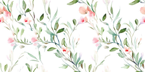 Abstract floral pattern of vertical branches with leaves and small flowers roses. Watercolor seamless print on white background