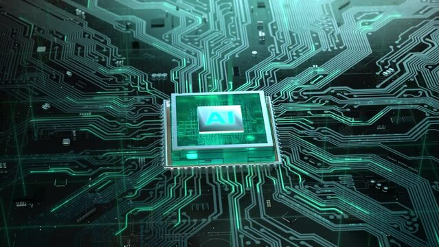  AI digital processor powers motherboard with neural connections. 