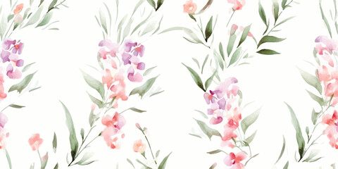 Fototapeta na wymiar Abstract floral pattern of vertical branches with leaves and small flowers roses. Watercolor seamless print on white background