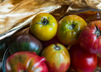Yellow and red and green tomatoes close up.  Colorful ripe vegetables top view. Agriculture  farm harvest .