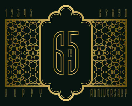 Happy anniversary sign in bohemian style. Golden numbers, vintage frame and some letters in set for designer.
