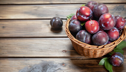 basket of fresh ripe plums on a wooden background
