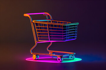 Shopping cart in neon light. Generative AI 