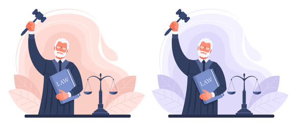 The judge is a gray-haired elderly man in a robe standing with a gavel and a book of the law. The concept of court, justice, law, sentence, justice. Set of vector illustrations in brown and blue. - obrazy, fototapety, plakaty
