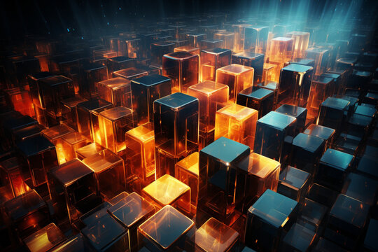 Abstract 3D illustration of geometric composition, consisting of fractal shapes and glowing lights