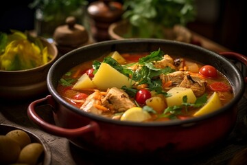 Matelote showing the richly cooked fish stew with potatoes and carrots