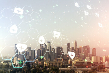 Abstract virtual medical illustration on Los Angeles skyline background. Medicine and healthcare concept. Multiexposure