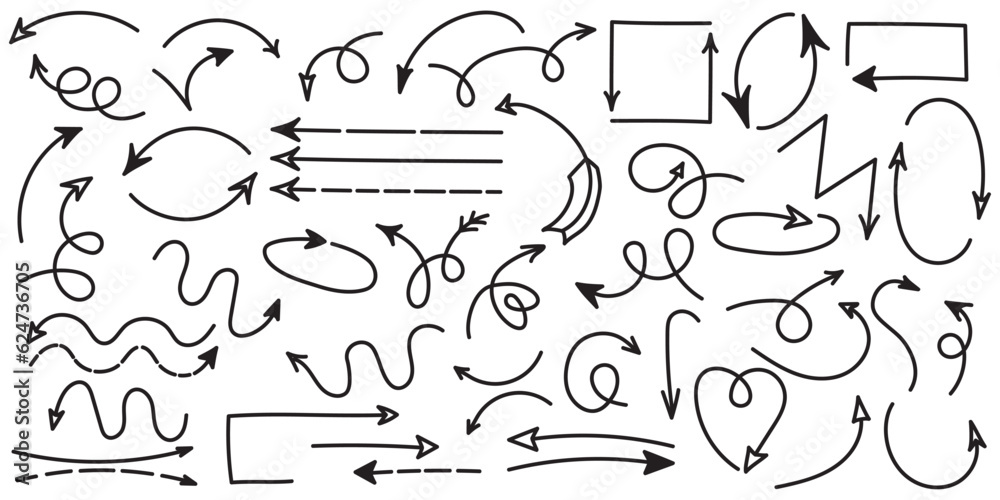 Wall mural curved arrows. set of vector hand drawn arrows. collection of pointers.