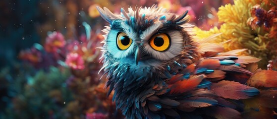 Beautiful adult owl bird with big eyes and fierce stare, vibrant feathers in a forest of colorful flowers and fallen leaves, fantasy wildlife illustration - generative AI