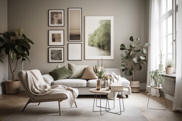 Living room interior design with a chic gray recliner, abstract wall art, vase of flowers, pillow, tartan, and attractive personal items. Concept in beige. staging a home today. Template. Generative
