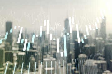 Fototapeta na wymiar Multi exposure of virtual creative financial chart hologram on blurry cityscape background, research and analytics concept