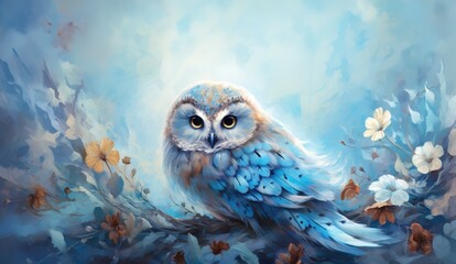 Beautiful adult owl bird with big eyes and fierce stare, vibrant feathers in a forest of colorful flowers and fallen leaves, fantasy wildlife illustration - generative AI