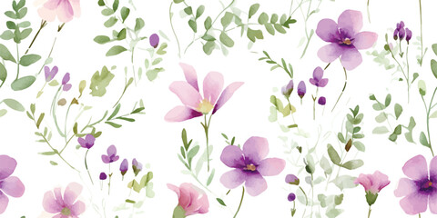 Floral pattern with purple flowers and green leaves on branches, watercolor seamless illustration isolated on white background, delicate garden with abstract wildflowers