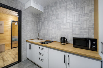 interior of modern luxure kitchen  in studio apartments with cupboard