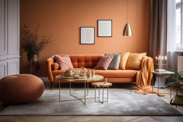 Orange and beige colors dominate the living area of a contemporary Scandinavian apartment. Generative AI