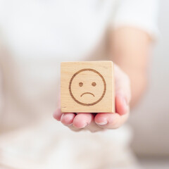 Woman show Unhappy Sad face block, Mental health Assessment, Psychology, Health Wellness, Feedback, Customer Review, Experience, Satisfaction Survey, Negative Thinking and World Mental Health day