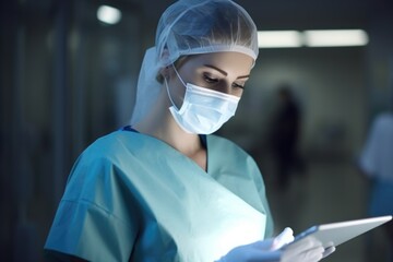 A female nurse in a bandaged face with surgical mask looks at a tablet. AI generative.