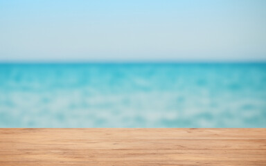Fototapeta na wymiar Wooden board empty table in front of blurred sea background