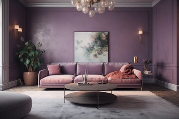 Living room hallway lounge with a vibrant accent wall made of stucco. Sofa and seats in bright lavender color. Design of a luxurious interior room mockup. Generative AI