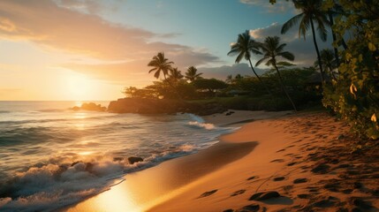 Fototapeta na wymiar A beautiful beach with tropical trees at sunset