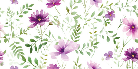 Floral pattern with purple flowers and green leaves on branches, watercolor seamless illustration isolated on white background, delicate garden with abstract wildflowers