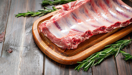 fresh pork ribs with rosemary on a wooden board