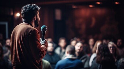A comedian speaker with a microphone in front of an audience - obrazy, fototapety, plakaty