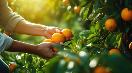 Close up of farmer male hands picking orange or mandarin fruits. Organic food, harvesting and farming concept. AI generative.
