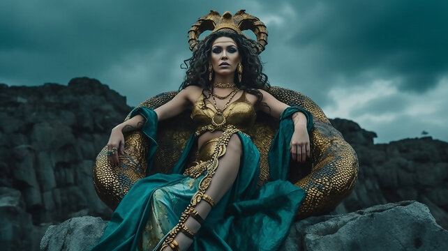 Fantasy image of the Greek goddess on the throne. Gorgon Medusa