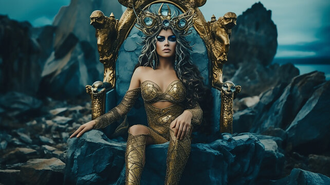 Fantasy image of the Greek goddess on the throne. Gorgon Medusa