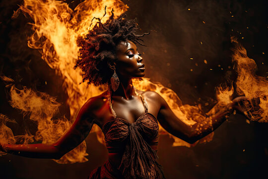 Dancing african woman in dress with blazing fire in background, created with Generative AI