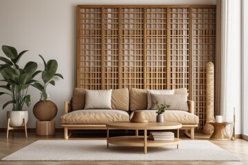 Living room interior design with brown wooden sofa, bamboo bookstand, coffee table, plants, pillows, and decorations. idea in beige and japanese. fashionable home staging. Template. Generative AI