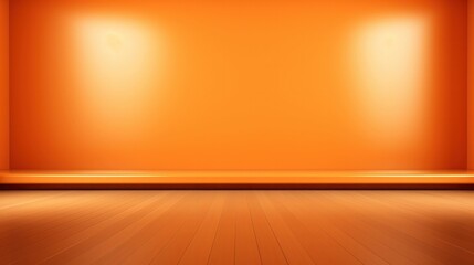 Orange empty room with a wooden floor and a wall. Free copy space background wallpaper