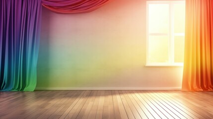 Empty room with a wooden floor and rainbow curtains. Free copy space background wallpaper