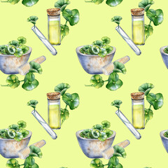 Centella asiatica, essential oils, stone bowl watercolor seamless pattern isolated on beige. Mortar, glass flask, test tube, gotu kola hand drawn. Design for package, label, wrapping, background