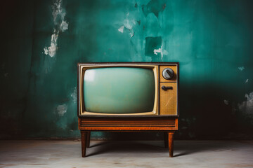 Retro television on a painted wall background. Front view, copy space. AI generated.
