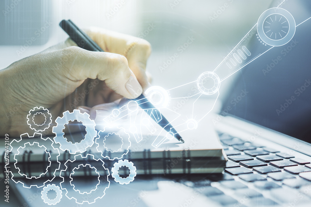 Poster creative abstract robotics technology hologram and hand writing in diary on background with laptop, 