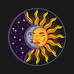 Eclipse with sun, crescent moon. Mythological medieval fairytale characters with face, magic, mystical, astrology symbols. Design for tattoo, astrology, stickers, tarot. Retro style.