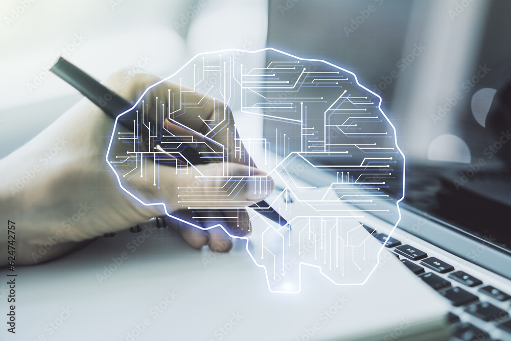 Poster double exposure of creative artificial intelligence symbol with hand writing in notebook on backgrou