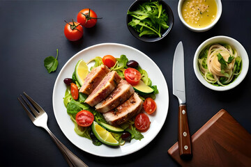 a refreshing and light tuna and avocado salad concept,seared tuna slices served on a bed of mixed greens, ripe avocado slices, cherry tomatoes, and a tangy citrus vinaigrette | Generative AI