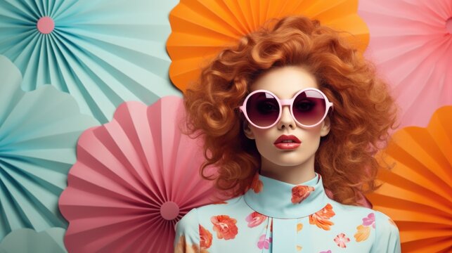 Retro style pastel colors summer background, Fashion woman wearing big sunglasses. AI generative.