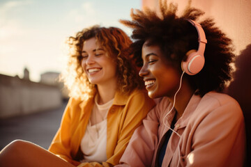 Two women are listening to music while sitting outdoors. AI generative.