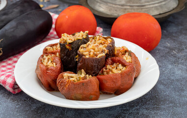 Turkish style stuffed eggplant and dried peppers