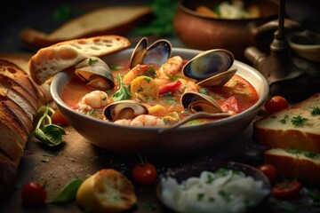 Bouillabaisse highlighting the rich and colorful ingredients - obrazy, fototapety, plakaty