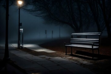 Fototapeta na wymiar A lonely park bench sits gracefully amidst a blanket of thick fog, giving the scene an enchanting and magical quality.Ai generated